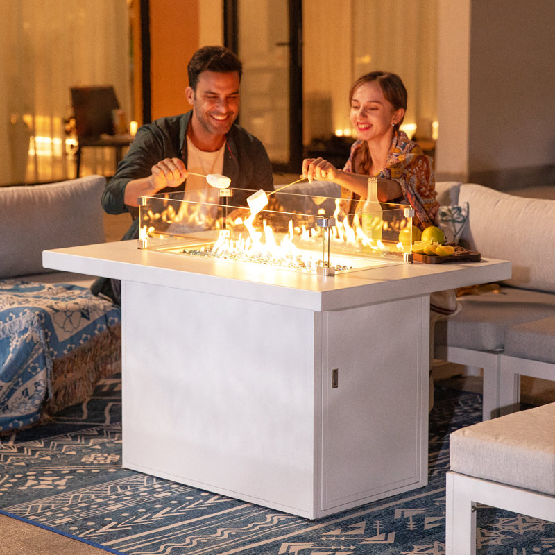 Table de foyer d'extérieur au propane en aluminium de 43 po Bukec, table d'extérieur rectangulaire de 60 000 BTU avec pare-vent en verre, couvercle, couvercle et orifice de conversion au gaz naturel
