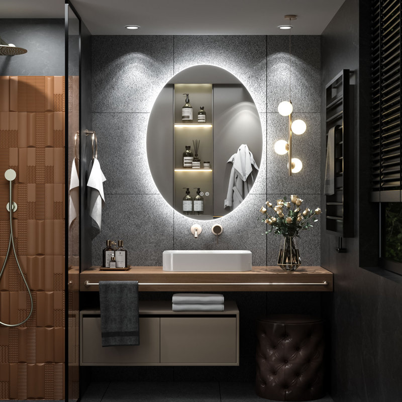 Miroir de salle de bain mural en verre trempé Molly, 28 po x 20 po, Ovale
