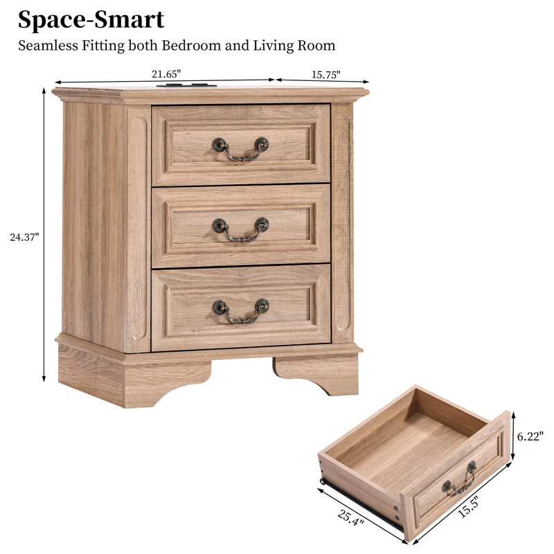 21.65'' Wide Nightstand With 3 Drawers, Natural, Set of 1