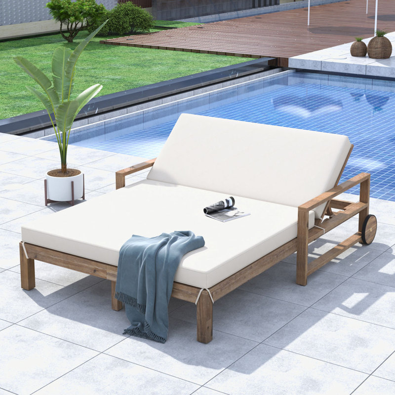 Outdoor Wooden Sunbed Double Chaise Lounge, Beige