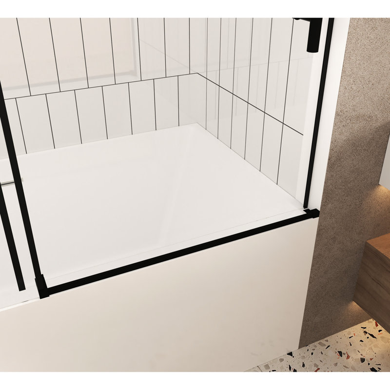 Shower Door, 56 - 60" W X H, 1/4" (6 Mm) Clear Tempered Glass, Proof Film, Comfortable And Functional Stainless Steel Handle, Matte Black, Good Transmission For Bathroom Easy To Use High Transmittance