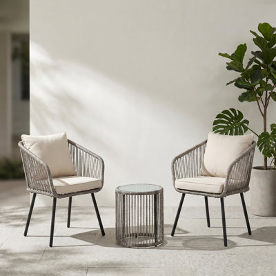 3-Piece Cream Outdoor Patio Bistro Set, Hand-Woven Rattan Wicker Conversation Set with Cushioned Chairs and Glass Top Table for Balcony, Garden, Deck