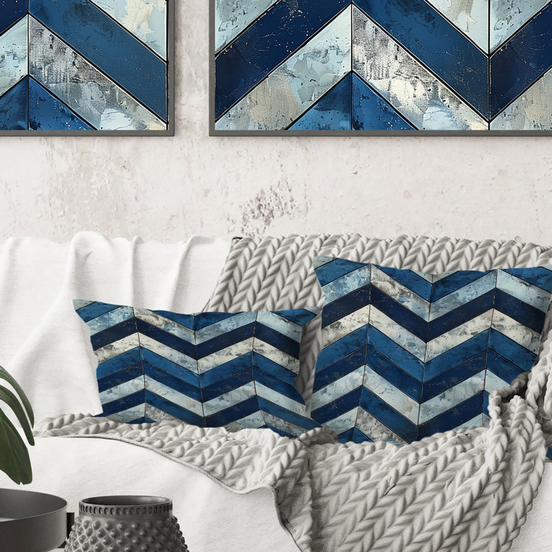 Imprimé à chevrons bleu argenté II - Coussin moderne, H 16 po x l 16 po