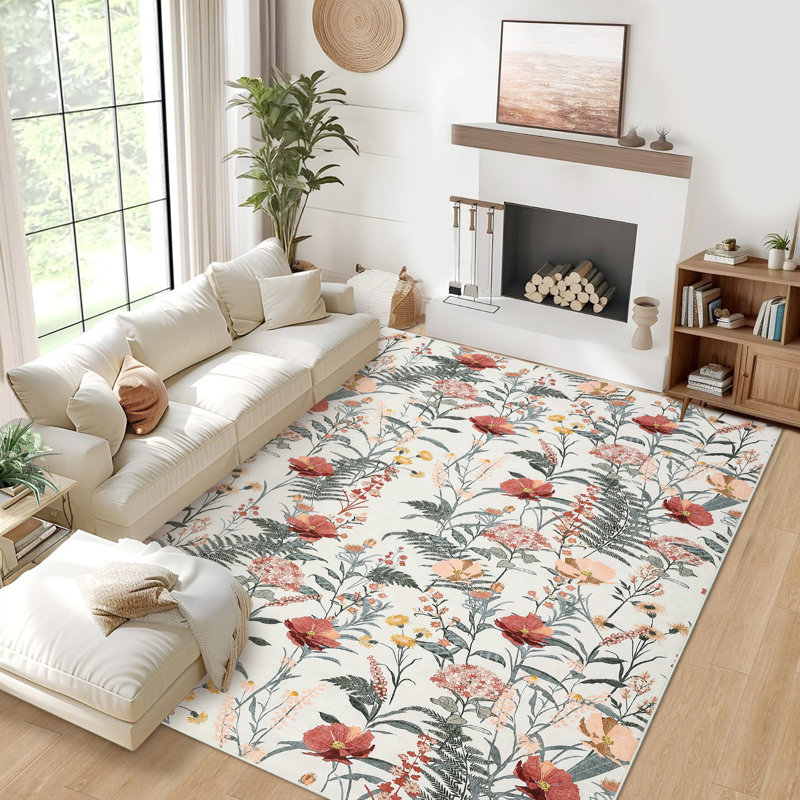 Large Machine Washable Rug Ultra-Soft Farmhouse Floral Living Room Rug, Non-Slip Foldable Print Accent Carpet for Dining Room, Bedroom, Beige