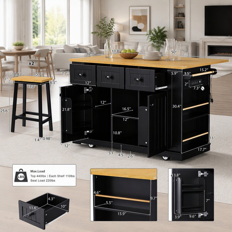 Grand ensemble d'îlot de cuisine avec 2 tabourets de bar, rangement et prise de courant, Noir, 3 paquets