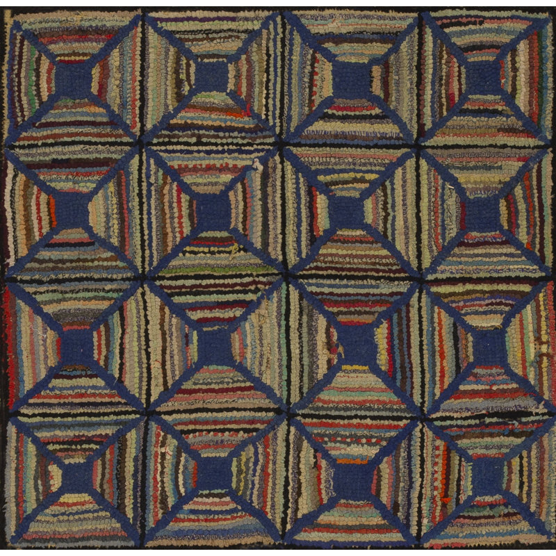 Antique Allover Geometric Wool Hooked - Loop Pile Multicolor Jewel Tones 1900s Rug