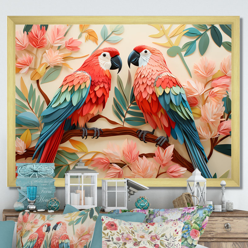 Fleurs tropicales roses et bleues - art mural perroquet II, Cadre doré à coins fermés, H 12 po x l 20 po x P 1 po
