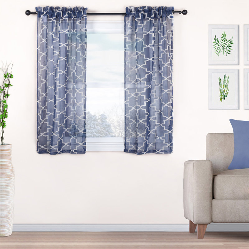Rideaux semi-transparents avec œillets à motif de treillis Steinbeck, L 52 po x L 63 po, Bleu marine