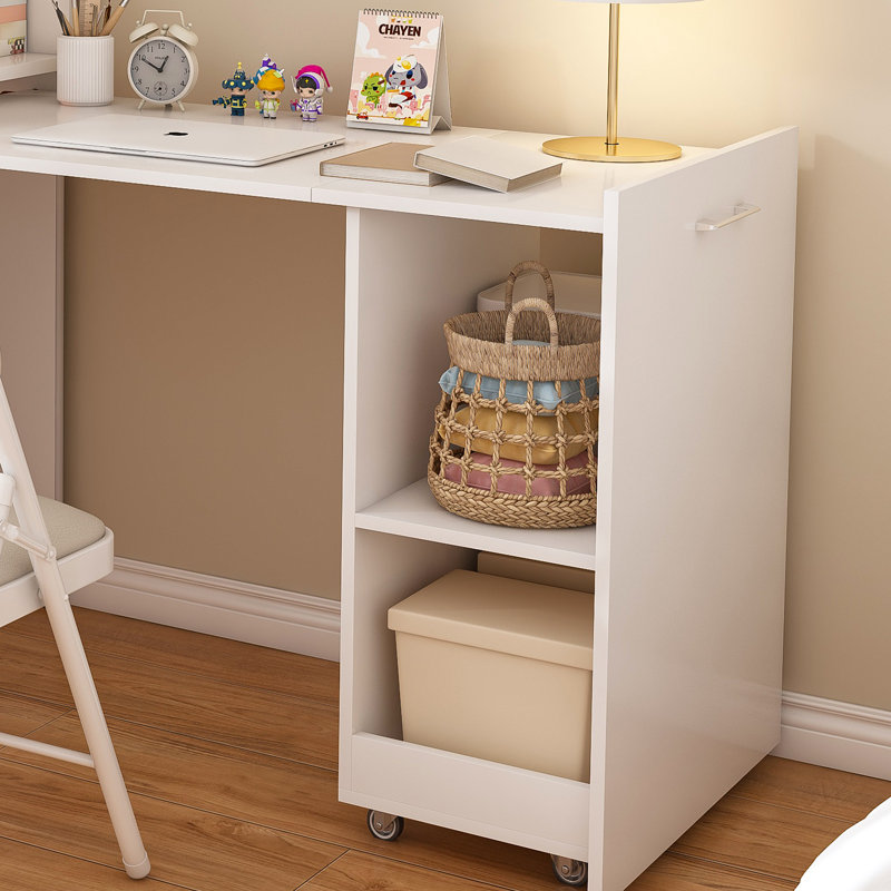 Bureau extensible 3-en-1 avec rangement, roulettes et plateau blanc pour petits espaces, White