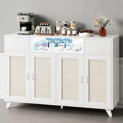Rattan Cabinet with Storage, Boho Wood Sideboard Buffet with Charging Station & LED Lighting, Adjustable Shelves, Side Board for Living Room, Dining Room, Entryway, Coffee Bar (White)