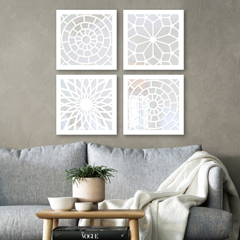 Elegant Mirror Set (4 Pieces), Silver Finish, 7.9 x 7.9 inches | 100% Glass with 0.12 inch MDF Laser Cut Pattern | Easy Wall Hanging Design | Perfect for Home Decor, Living Room & Bedroom Accents