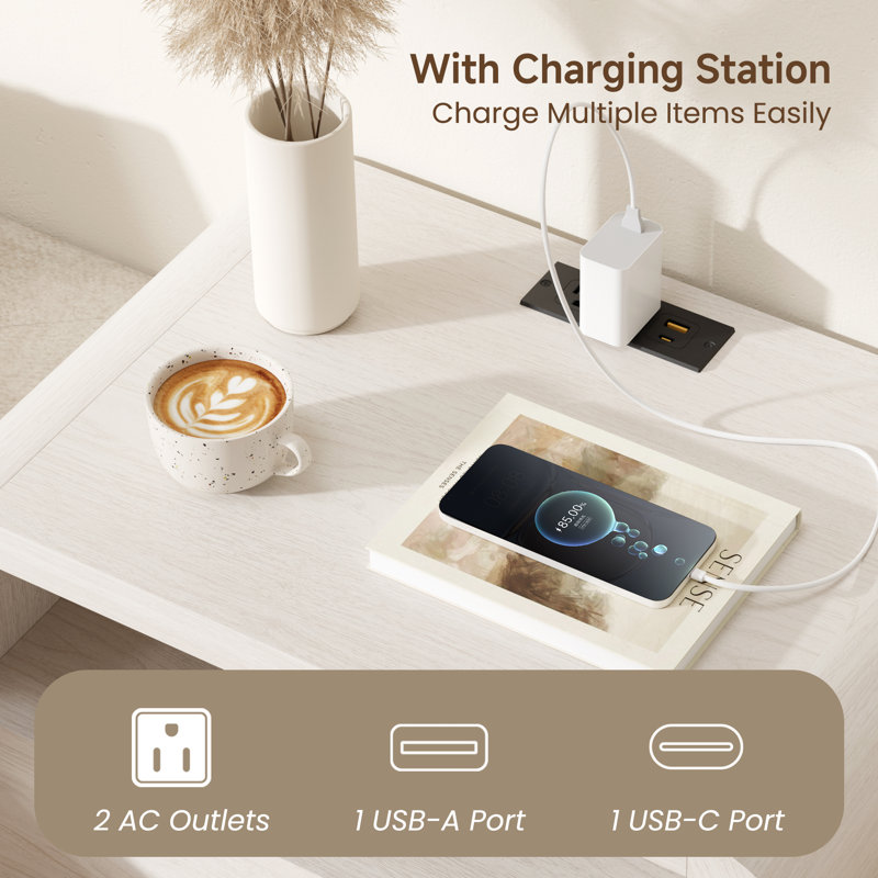  Ovellette 23.7"W Curved Nightstands Set of 2 with Charging Station, Drawer and Open Shelf, White, 2