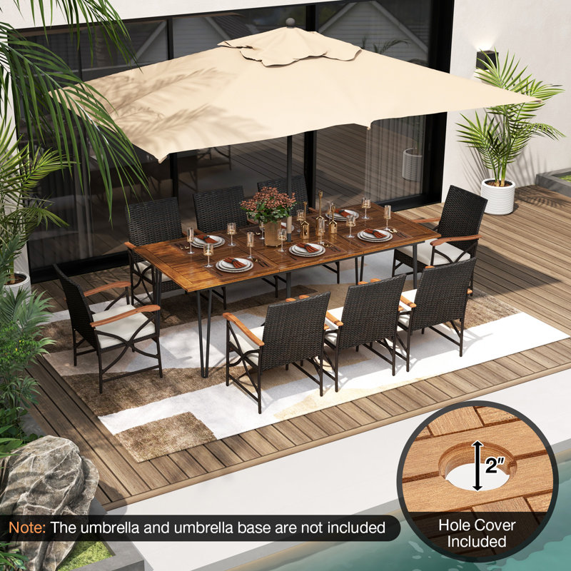 Ensemble de 9 chaises de table de salle à manger de patio, 86,5 po L Table de salle à manger avec trou pour parasol