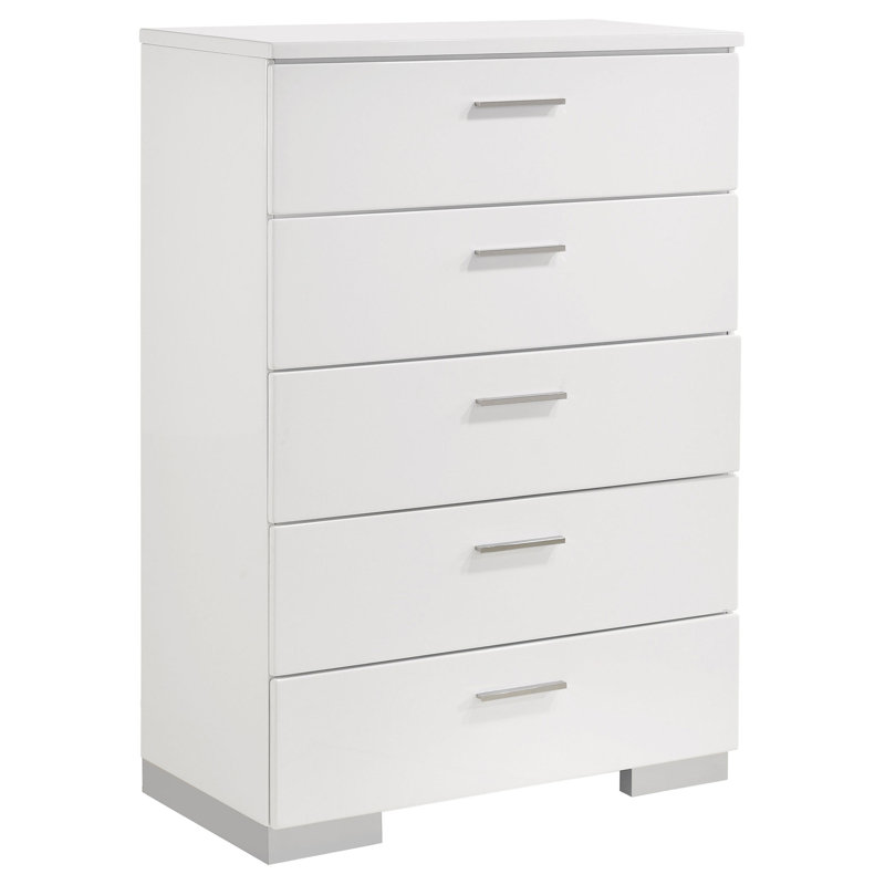 Cayser Bedroom Set White High Gloss, 5 Pcs: Bed, Nightstand, 2 Dressers, Mirror, King