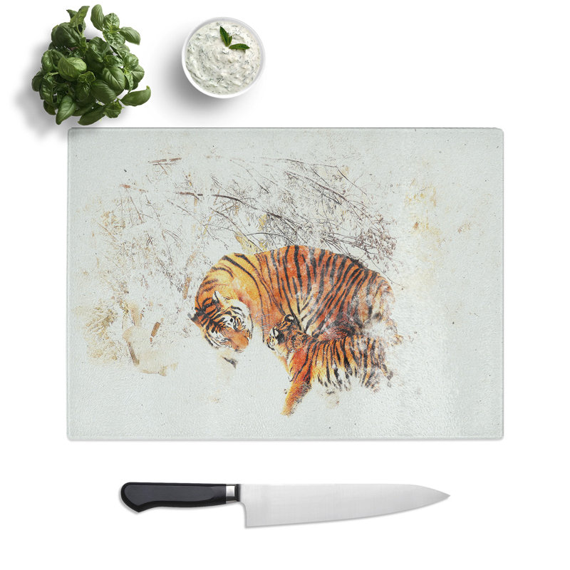 Tempered Glass Mother Tiger & Cub in Winter Chopping Board, 28.5 cm x 39 cm