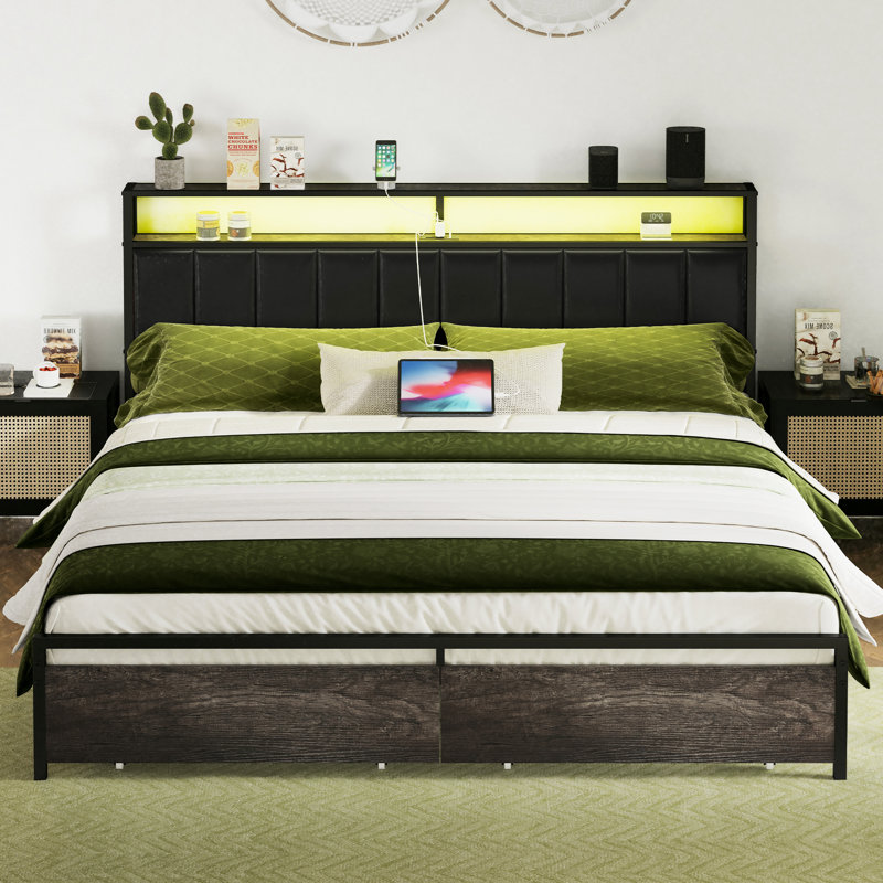 Tryston LED Bed Frame with Drawers and Charging Station, King, Rustic Gray