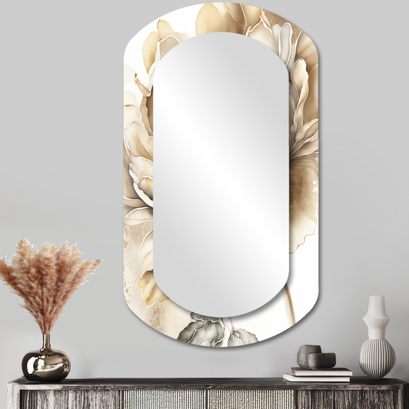 Nikolai Indigold Beige Flower IV - Floral Cylinder Decorative Wall Mirror, Traditional Asymmetrical Mirror, Printed Metal Art