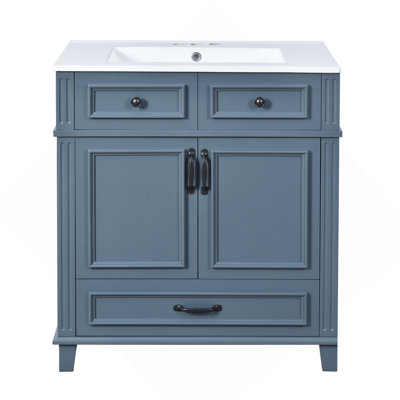 Meuble-lavabo de 30 po avec lavabo en céramique, armoire de rangement en bois massif avec portes à fermeture douce, style rétro, bleu