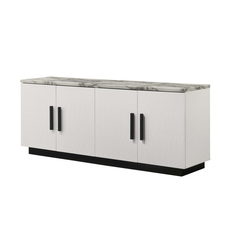 Reine 63 Inch Wide White Cabinet Console Table With Elegant Faux Marble Top For Modern And Stylish Interiors