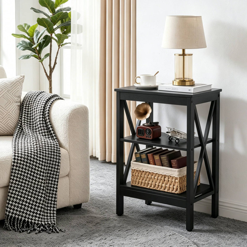 Alonso 24.2" Tall X-Shaped Nightstand Open Shelf 3 Tier Storage Nightstand For Bedroom Living Room, Black, Individual