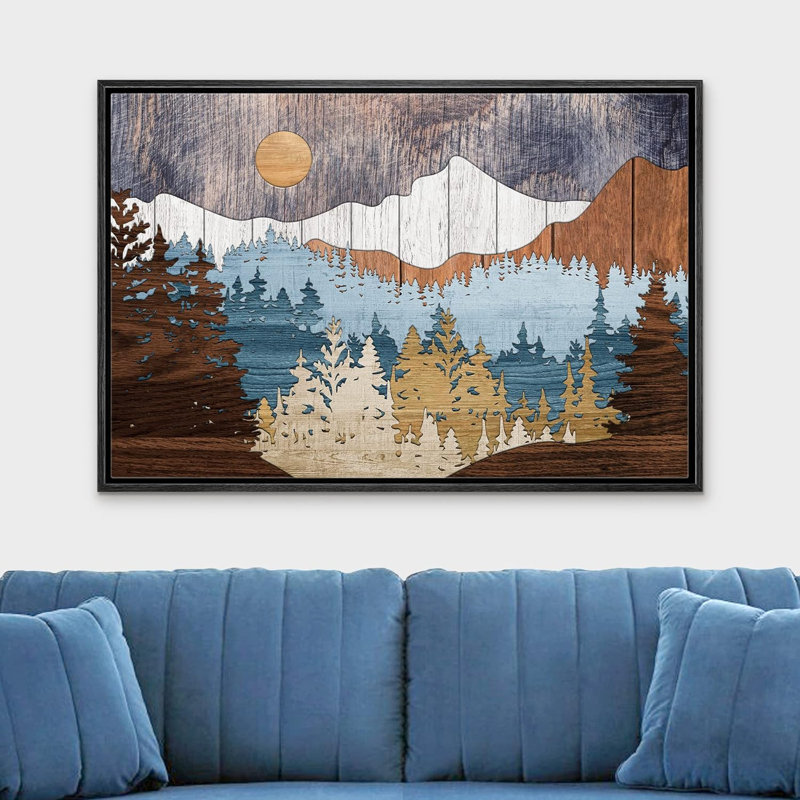 «Western Wood Effect Landscape Abstract Mountain Farmhouse Cabin», impression sur toile encadrée, Cadre flottant noir