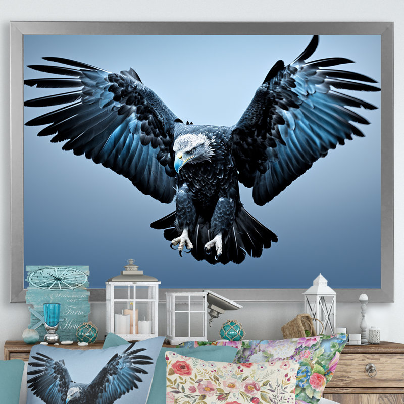 Décoration murale aigle puissant et audacieux I - Aigle, Cadre simple argenté, H 34 po x l 44 po x P 1,5 po