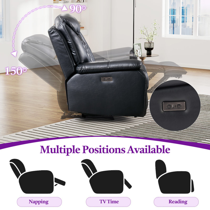 40.6" Wide Modern Diamond Home Theater Recliner With Power Button And USB (Set of 3), Black