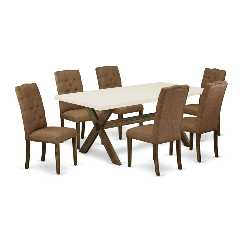 Ensemble de table de salle à manger 7 pièces composé d'une table de salle à manger rectangulaire avec pieds en X et 6 chaises rembourrées en tissu brun