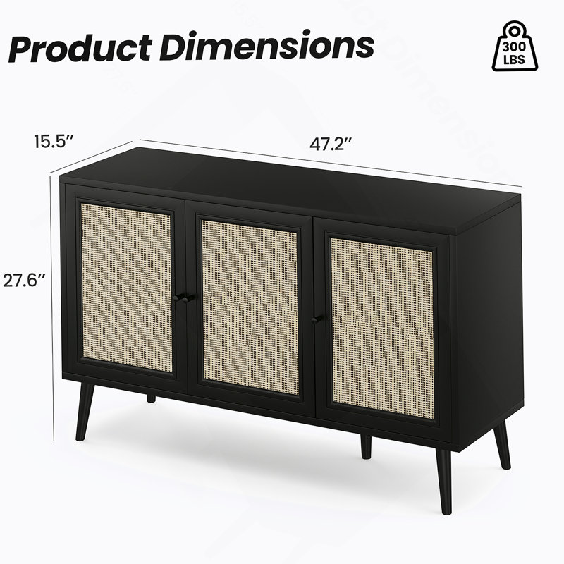 Buffet buffet avec 3 portes en rotin, console de rangement pour l'intérieur, Noir