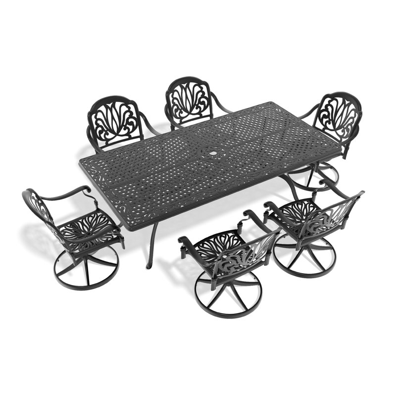 Ensemble de salle à manger 7 pièces en fonte d'aluminium toutes saisons, comprenant 6 chaises pivotantes et une table rectangulaire avec cadre noir