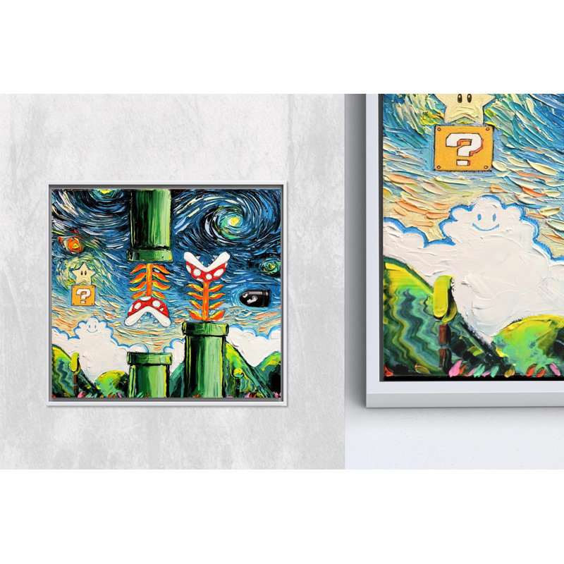 «Van Gogh Inspired Mario Starry Night», œuvre d'art sur toile blanche encadrée 1P, H: 59,1 po x l: 59,1 po