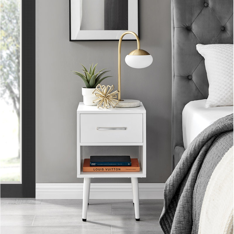 Taylor 1 Drawer Bedside Table, White/Silver