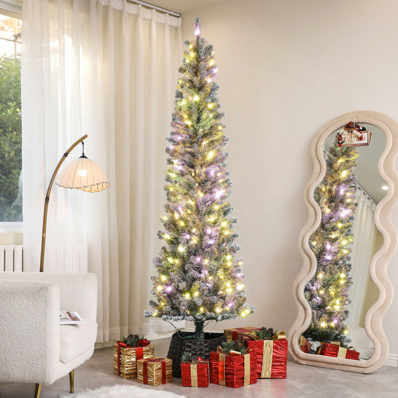 Arbre de Noël 7,5 pi pré-éclairé, arbre de Noël avec 220 lumières DEL bicolores et 519 branches, arbre de Noël floqué avec support en métal pour les fêtes