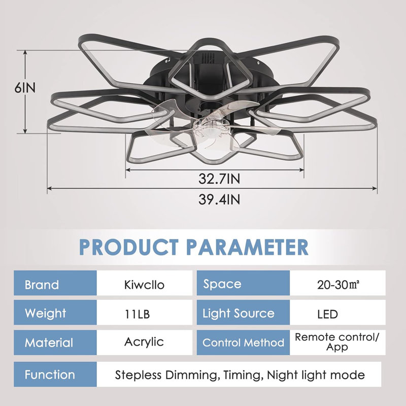 39"Ceiling Fan With Lights Remote APP Control,Modern Bladeless Ceiling Fan With Lights,Flush Mount Ceiling Fan With 6-Speed Reversible Blades,Low Profile Ceiling Fan For Bedroom Living Room (Black)…