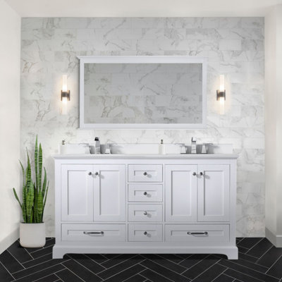 White Double Bath Vanity 60 In. W X 22 In. D, Cultured Marble Top, Faucet Set, And 58 In. Mirror