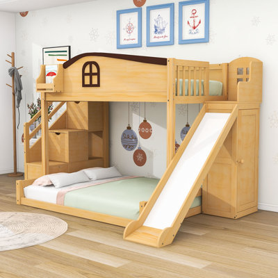 Woode Twin Over Full Bunk Bed with Built-in Slide, Wardrobe and Storage