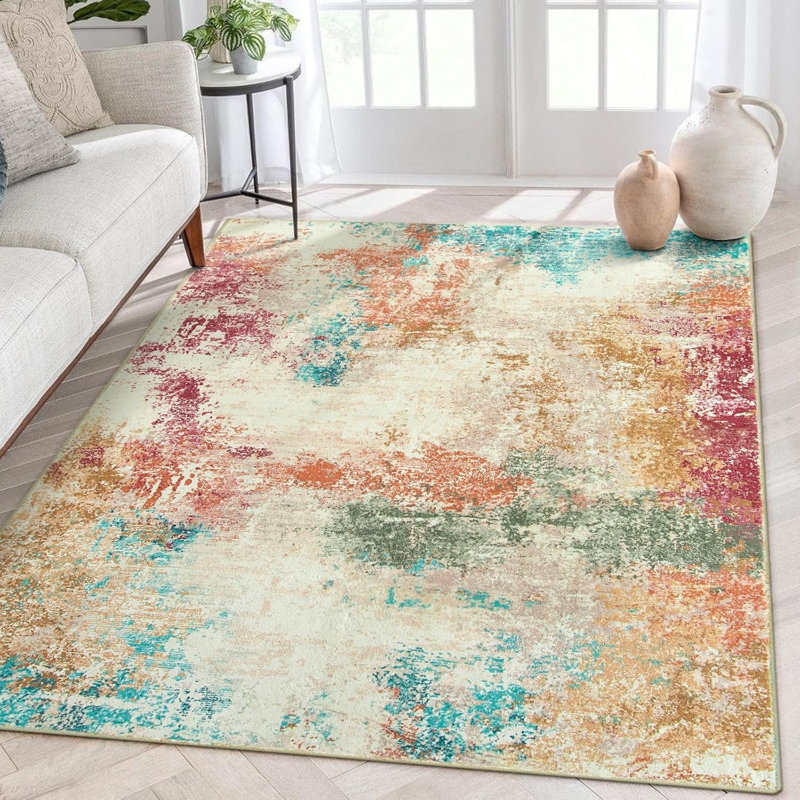 Pastel Abstract Wash Rug 5' x 7' for Bedroom, Multicolor Beige