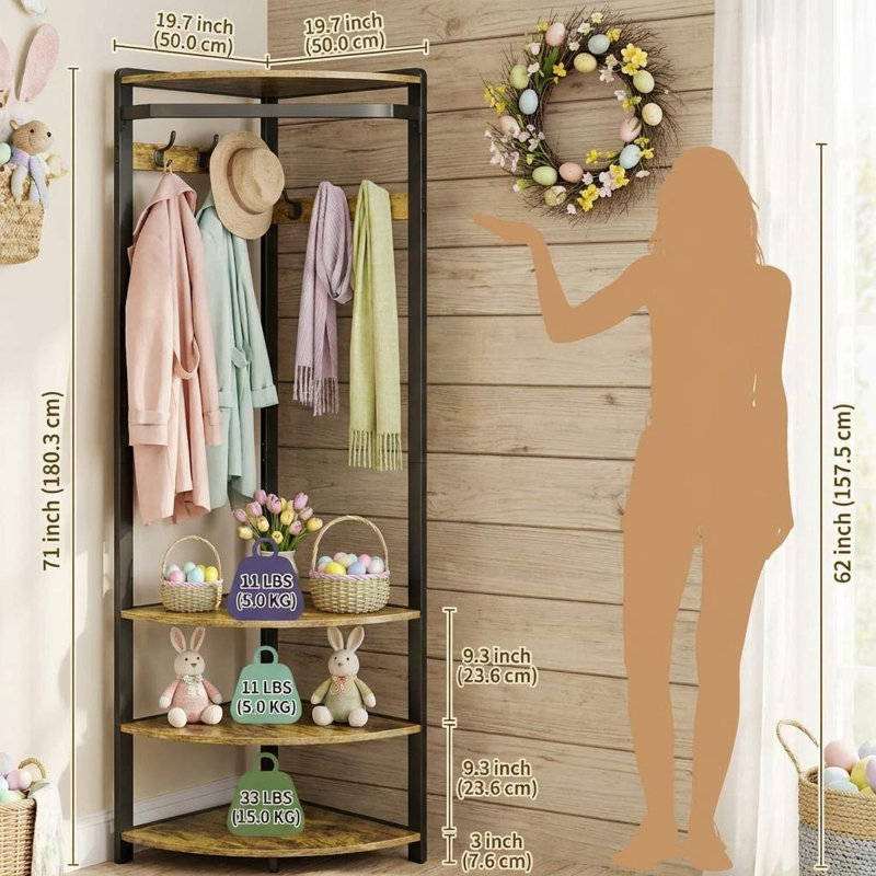 Corner Coat Rack with Shoe Storage Entryway and 6 Double Hooks, Corner Hall Tree - Corner Clothes Rack with Storage Corner Tree with Organizer Shoe Bench Shelf for Entryway, Hallway, Closet