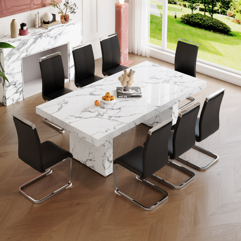 Ensemble de table de salle à manger en marbre pour 8 personnes, Noir, noir, noir, noir, 9 pièces : table, 8 chaises