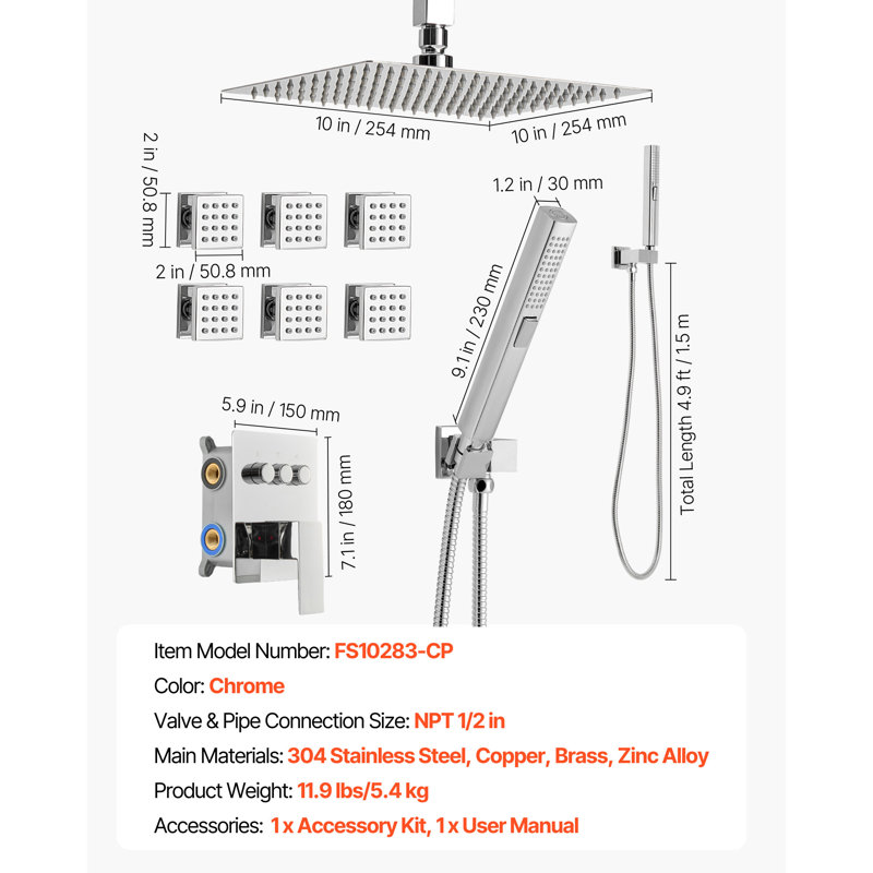 Shower Faucet Set, 10 Inch Ceiling Mount Rainfall Shower System with 6 Body Jets and 2 in 1 Handheld Spray, Rotatable 3-Function Rain Head System Set, Complete Brass Valve and Trim Kit, Chrome