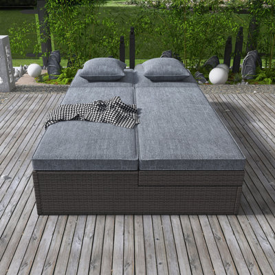 Outdoor Double Sunbed, Wicker Rattan Patio Reclining Chairs With Adjustable Backrest And Seat