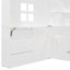 Lit simple blanc avec fenêtre, tiroirs, douilles et support avec rangement de tiroir, étagère de chargement