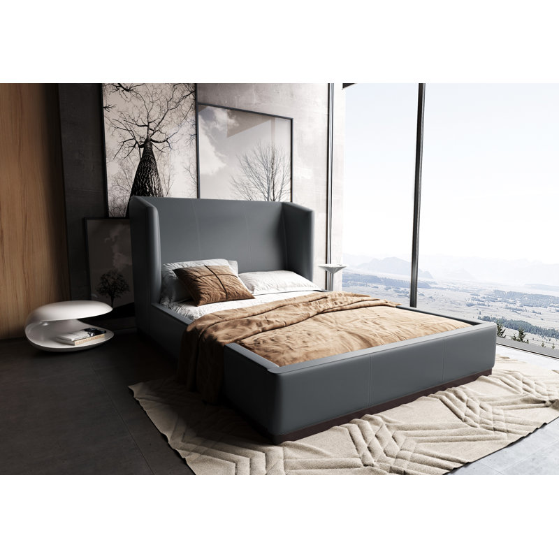 Lenyx Vegan Leather Upholstered Low Profile Platform Bed in Graphite, Graphite, Queen