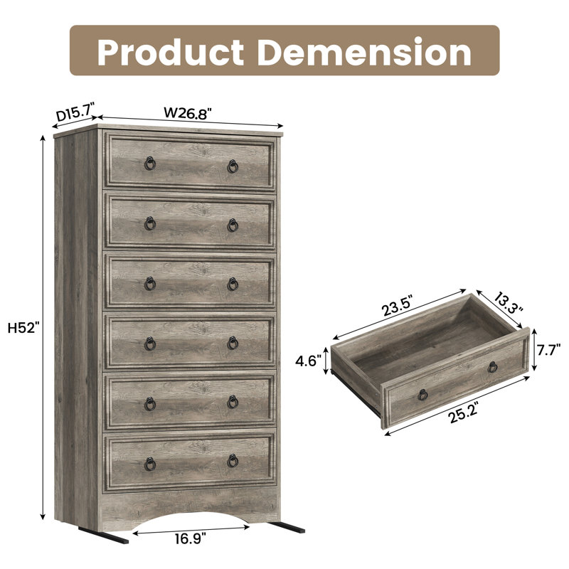 Commode de 132 cm de hauteur pour chambre à coucher, meuble de rangement en bois à 6 tiroirs