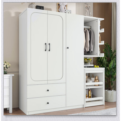Multifunctional Wooden Wardrobe with 2 Doors, Hanging Rod, Convertible Desk, and Storage Drawers for Efficient Space Utilization in Bedrooms and Cloak Rooms