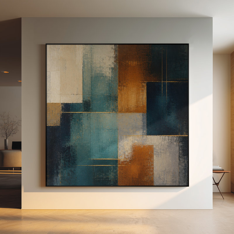 Très grande reproduction d'art sur tissu - Blocs abstraits foncés en or rouge et noir pour le salon ou la chambre à coucher - «Assemblage requis du cadre (cadre non fini)»