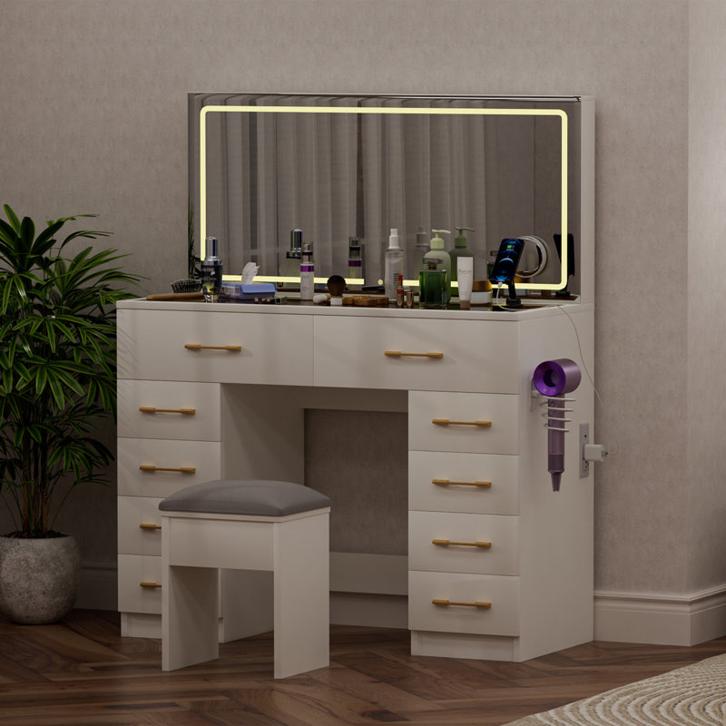 Bureau de coiffeuse 46 po avec 10 tiroirs, coiffeuse de maquillage avec miroir et tabouret, 3 modes d'éclairage, prise de courant, glissières silencieuses, coiffeuse blanche pour la chambre à coucher | Idée cadeau
