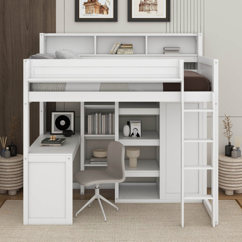 Lit mezzanine simple avec tablettes et garde-robe, Blanc