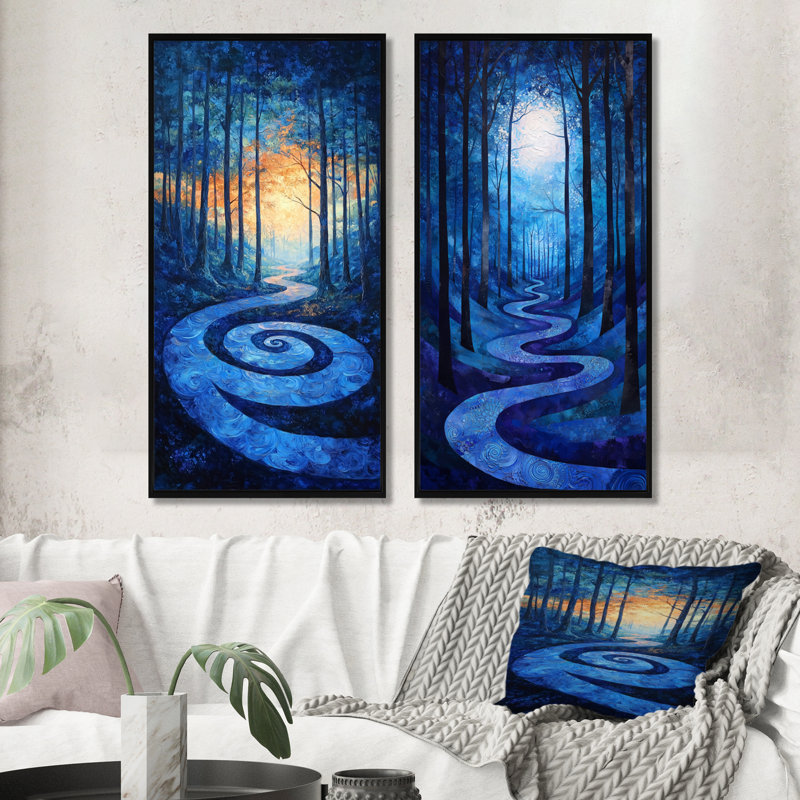 Chemin en spirale bleue dans les bois - Ensemble de 2 grandes décorations murales en forêt, 40" H x 40" W