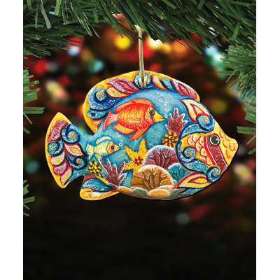 Ornement en forme de poisson tropical suspendu en bois